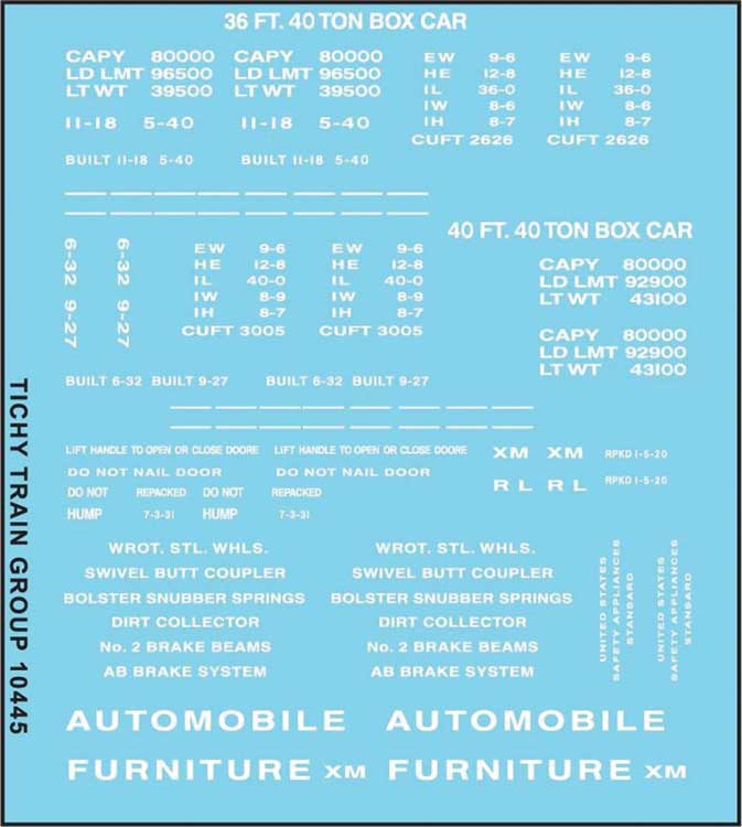Railroad Decal Set -- 36', 40' Boxcar Data, Gothic Lettering (white)