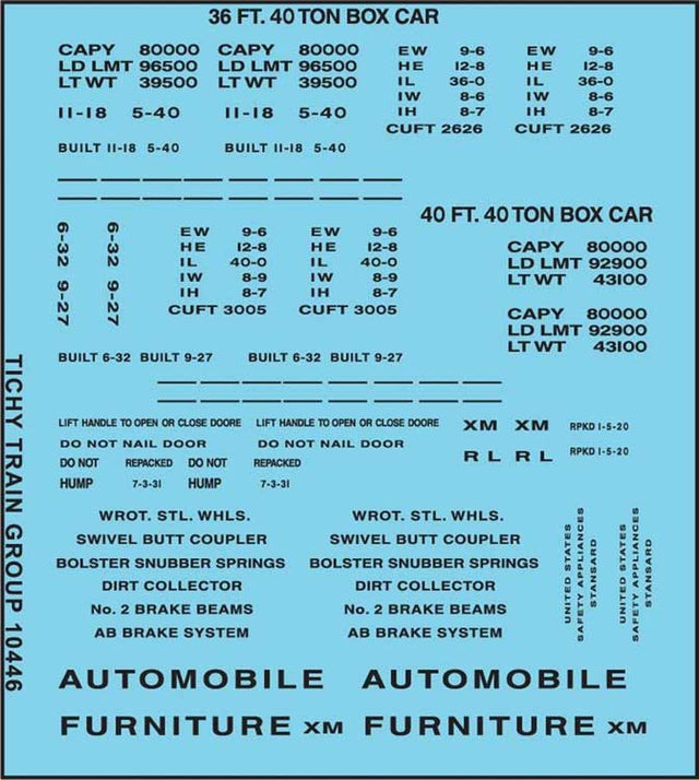 Railroad Decal Set -- 36', 40' Boxcar Data, Gothic Lettering (black)