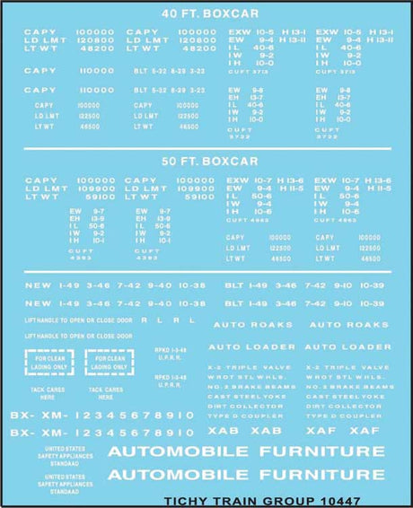 Railroad Decal Set -- 40', 50' Boxcar Data, Gothic Lettering (white)
