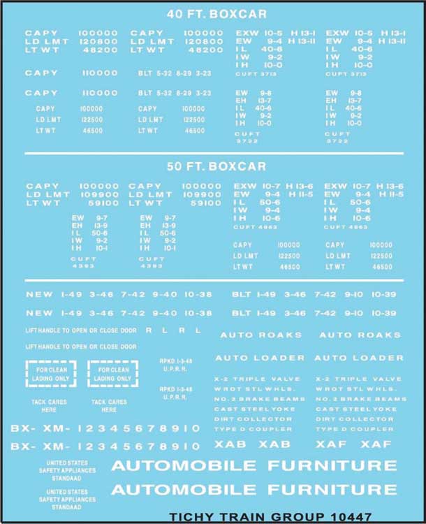 Railroad Decal Set -- 40', 50' Boxcar Data, Gothic Lettering (white)