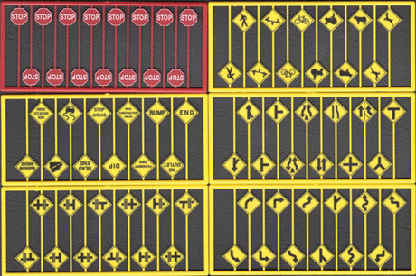 Modern Road Sign Assortment -- 15 Red Stop Signs, 60 Warning Signs - 1 Each of Sets #293-8247, 8252-8256