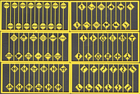 Early Road Sign Assortment -- 15 Yellow Stop Signs, 60 Warning Signs - 1 Each of Sets #293-8247, 8252-8256