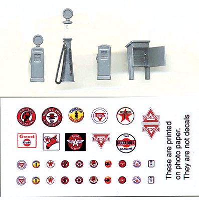Gas Pump Set -- 1 Each of 3 Styles w/Printed Gas Logo Sheet