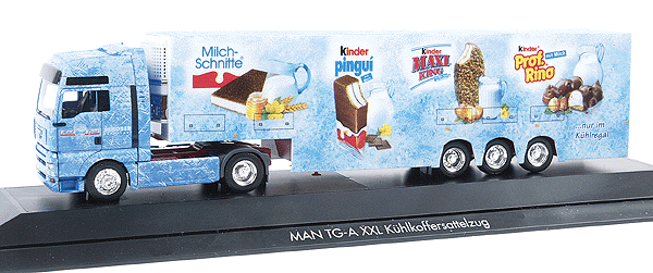 Private Collection - European Trucks - MAN TG-A XXL Cabover -- w/3-Axle Low Floor Reefer Trailer Ferrero Dairy (blue, multi-color graphics)