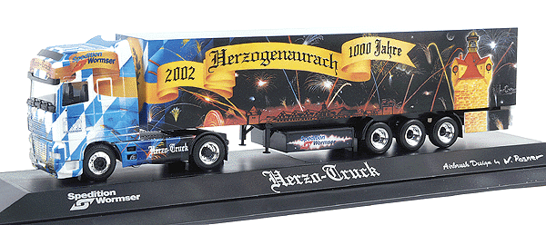 Private Collection - European Semis w/Special Multi-Color Graphics -- DAF 95XF 2-Axle Cabover w/3-Axle Euro Box Trailer Herzo Truck-Wormser