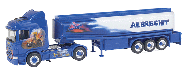 Private Collection Vehicles - European Trucks - Scania -- R Highline w/3-Axle Elliptical Tanker - Albrecht (blue, white)