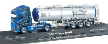 Volvo FH XL Tractor w/Tank Trailer - Assembled -- Ingo Dinges (blue w/silver Tank, German Lettering)