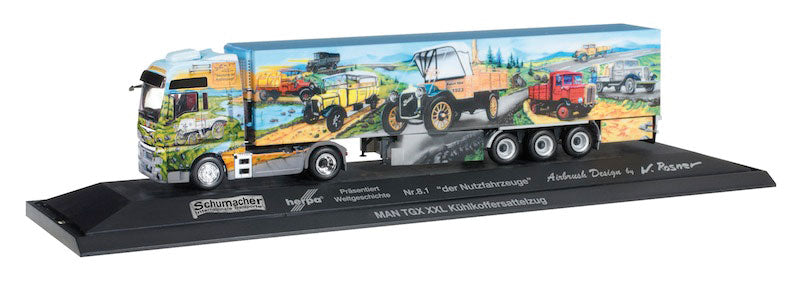 MAN TGX Tractor w/Reefer Trailer - Assembled -- Herpa World History No. 8.1 (Tractor Graphics, German Lettering)