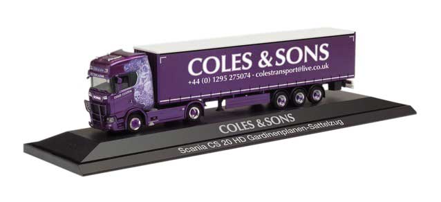 Scania CS 20 HD Tractor with Curtain Trailer - Assembled -- Coles & Sons (purple, white)