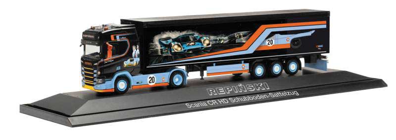 Scania CR 20 HD Tractor with Walking Floor Trailer - Assembled -- Repinski/Le Mans (black, orange, light blue)