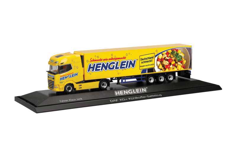 DAF XG+ Tractor and Van Trailer - Assembled -- Henglein Gnocci (yellow, blue, red, German Lettering)