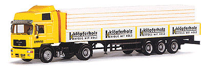 European Trucks - MAN -- F2000 1-Axle Cab-Over w/Loaded 3-Axle Lumber Trailer Klopferholz (yellow)