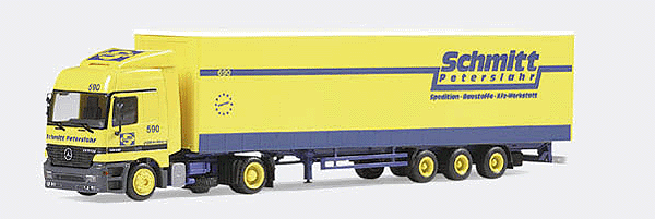 European Trucks - Tractor Trailer - Mercedes Actros Cabover w/Sleeper -- w/3-Axle Canvas Side Trailer - Schmitt Peterslahr (yellow, blue, black)