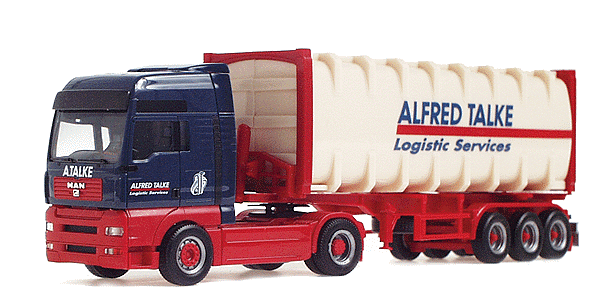 European Trucks - Tractor-Trailer - MAN TG-A XXL 2-Axle Cabover -- w/30' 3-Axle Container Chassis & Dry Bulk Container - Talke (blue, red)