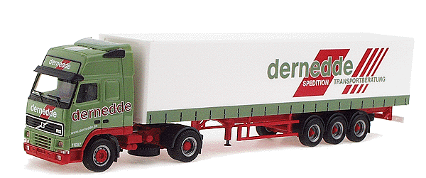 European Trucks - Tractor-Trailer - Volve FH 16 Globetrotter 2-Axle Cabover -- w/3-Axle Canvas Side Trailer - Dernedde (light green, white, red)