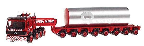 European Trucks - Tractor-Trailer - Mercedes SK 4-Axle Heavy-Duty Cabover -- w/8-Axle Heavy-Duty Flatbed Trailer & Pipe Load -  Riga mainz (red, silver)
