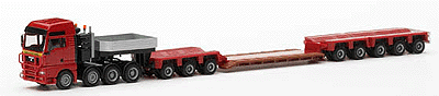European Trucks - Tractor-Trailer -  MAN TG-A XXL 4-Axle Heavy Tractor -- w/8-Axle Heavy-Duty Lowboy Flatbed Trailer (red, silver, black)