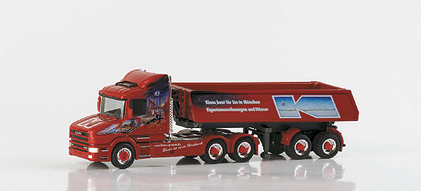 European Trucks - Tractor/Trailer - Scania Hauber 3-Axle Conventional w/Airdam -- w/2-Axle Dump Trialer "Klaus Bau" (red, multi-color graphics)