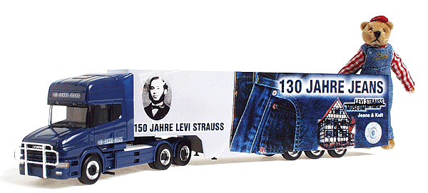 European Trucks - Tractor-Trailer - Scania 3-Axle Conventional -- w/TL 3-Axle Trailer Levi Strauss/Blue Jeans 130th Anniversary & Bing Bear