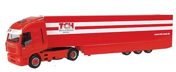 European Trucks - Tractor-Trailer - Iveco Stral;is LH 2-Axle Cabover -- w/3-Axle Aerodynamic Box Van - TCH Truck Leasing (red, white)