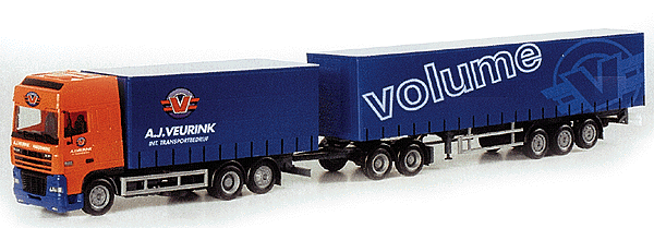 European Trucks - Box Van w/5-Axle Curtain Side Trailer -- DAF 95 XF SSC Cabover - A.J. Veurink (orange, blue, white)