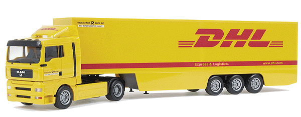 European Trucks - Tractor-Trailer - MAN TG-A XL Streamlined 2-Axle Cabover -- w/3-Axle Euro Box Van Trailer - DHL (yellow, red)