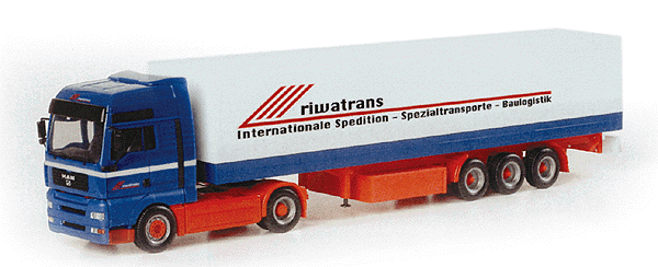 European Trucks - MAN TG-A XXL 2-Axle Cabover -- w/3-Axle Euro Canvas Side Trailer - Riwatrans (red, white, blue)