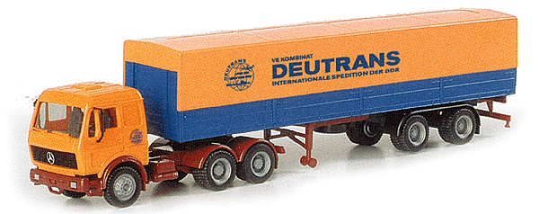 European Trucks - Mercedes Benz 3-Axle Cabover -- w/Euro Canvas Side 2-Axle Trailer - Deutrans (orange, blue, red)