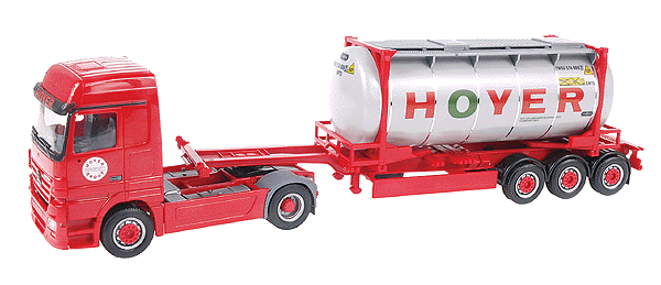 European Trucks - Tractor-Trailer - Mercedes Actros LH 2-Axle Cabover -- w/3-Axle Container Chassis & 20' Bulktainer - Hoyer (red, silver, green)