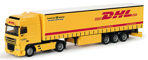 European Trucks - Tractor-Trailer - DAF 95XF SSC 2-Axle Cabover w/Sleeper -- w/3-Axle Curtain Canvas Trailer; DHL