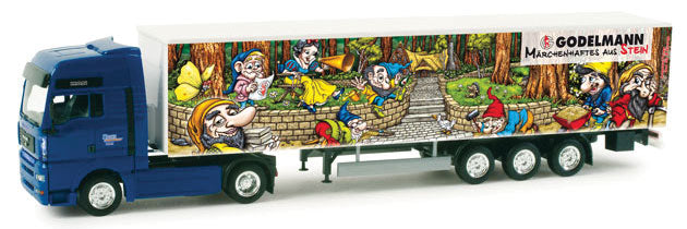 MAN TGA XXL Tractor w/Curtain Trailer -- Godelmann (blue Tractor, Mural Trailer w/German Lettering)
