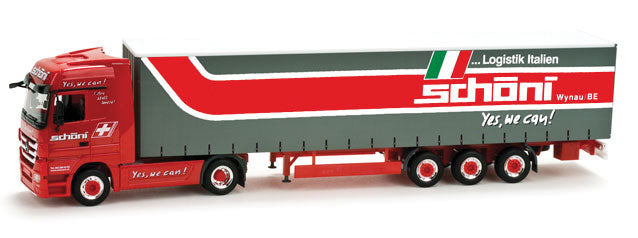 Mercedes Actros LH 2-Axle Cabover Tractor w/Curtain-Side Trailer - Assembled -- Schoeni (red, gray, orange, white, Italian Lettering)
