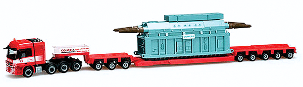 Truck Mercedes Actros L Titan w/Heavy-Duty Flatbed Trailer - Assembled -- With Transformer Load Colonia (red, white)