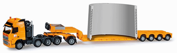 Truck Volvo FH 16 Pendel X Heavy-Haul Flatbed Semi - Assembled -- With Wind Turbine Tower Section Load Max Boegl (yellow)
