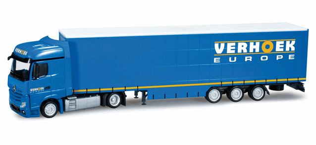 Mercedes-Benz Actros Bigspace Semi Tractor w/Canvas Trailer - Assembled -- Verhoek (Blue, white, yellow, German Lettering)