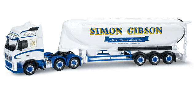 Volvo FH Gi XL Semi Tractor w/Bulk Tank  Trailer - Assembled -- Simon Gibson (White, blue, yellow, German Lettering)