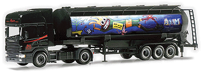 European Trucks - Tractor Trailer - Scania 144 TL 2-Axle Cabover -- w/3-Axle Tank Trailer ASAM w/Special Airbrush Graphics (black, multi-color)