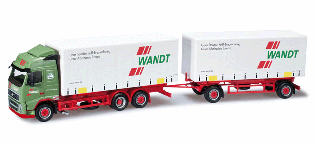 Volvo FH GL Curtain-Wall Truck w/Trailer - Assembled -- Wandt (green, red, white, German Lettering)
