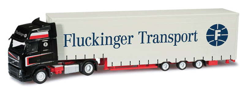 Volvo FH Gi XLs Tractor w/Curtain Trailer - Assembled -- Fluckinger Transport (white, blue, red, black)