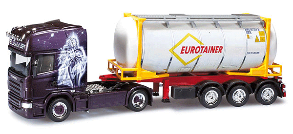 Scania R TL 2-Axle Cabover Tractor w/Tank Container on Chassis - Assembled -- Eurotainer (purple, white, yellow, red, black)