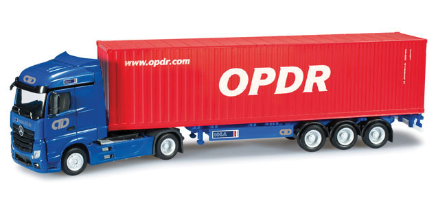 Mercedes Actros Tractor w/Reefer Container on Chassis - Assembled -- Ctd/Opdr (blue Tractor; white & red Container, German Lettering)