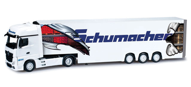 Mercedes-Benz Actros Giga Tractor w/3-Level Reefer Trailer - Assembled -- Schumacher (white, blue, red, German Lettering)