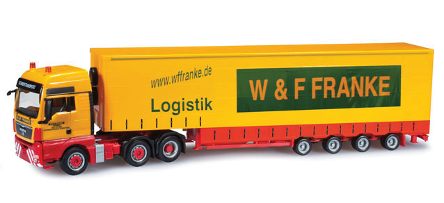 MAN TGX XXL Tractor w/Curtain-Wall Trailer - Assembled -- Franke (yellow, red, green, German Lettering)