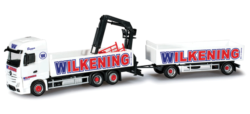 Mercedes-Benz Actros Low-Side Truck w/Hoist & Trailer - Assembled -- Wilkening (white, red, blue, German Lettering)
