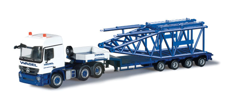 Mercedes-Benz Actros Tractor w/Low-Boy Trailer & Crane Top Load - Assembled -- Wasel (blue, white, German Lettering)