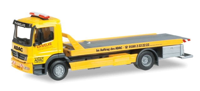 Mercedes-Benz Atego Flatbed Car Transporter - Assembled -- Kawelke (yellow, black, red, German Lettering)