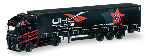 Volvo FH GL XL Tractor w/Curtain Van Trailer - Assembled -- Nottelmann (black, red, white, German Lettering)