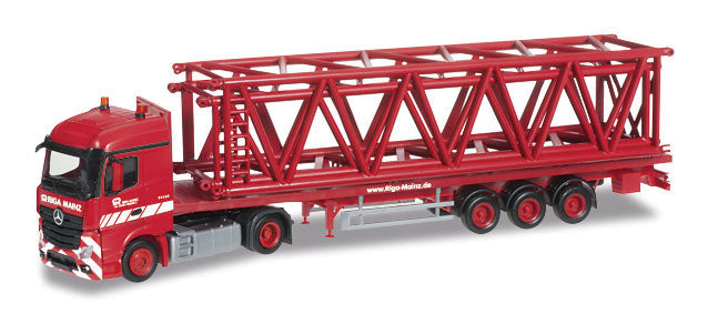 Mercedes-Benz Actros Tractor w/Flatbed Trailer & Crane Part Load - Assembled -- Riga Mainz (red, white, German Lettering)