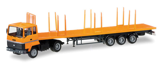 Ford Transconti w/Flatbed Trailer - Assembled -- Orange, Black