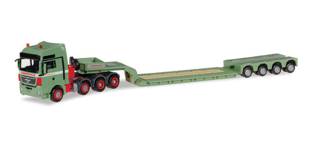 MAN TGX Tractor w/Heavy-Duty Lowboy Equipment Trailer - Assembled -- Timmerhaus (green, red, German Lettering)